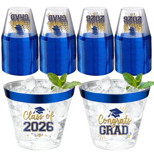 CUPLOOV Graduation Cups 2026 Plastic Cups Disposable 9 Oz 50 PCS Class of 2026 Decoration Cups Blue and Gold Congrats Grad Party Cups Elegant Drinkware for Grad Festivities Graduation Party Favors