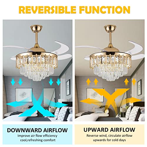 42 Inch Chandelier Ceiling Fan Modern Crystal Ceiling Fan With Lights Remote Control 6 Speed 3 Color Dimmable Silent Luxury Fandelier With Retractable Blades For Living Room Bedroom Decoration Gold #TOP3