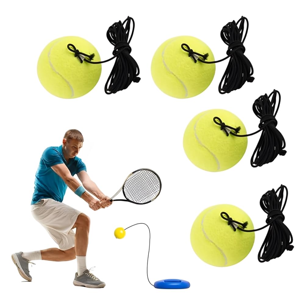 LATRAT Set of 4 Tennis Balls with String Tennis Trainer Replacement Ball Equipment, Durable Replacement Balls with Cord for Beginners Training Equipment Yellow