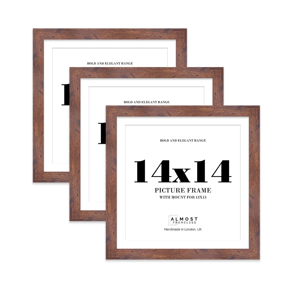 14x14 Rustic Wood Square Frame With Mount for 13x13 Pictures 28mm Edge Frame Display with Wall Hooks, 3 Pack