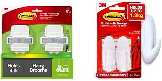 Command Broom and Mop Grippers Wall Hook, Damage Free Hanging Wall Mount Broom and Mop Holder & Medium Designer Hook, Pack of 2 Hooks and 4 Adhesive Strips, White