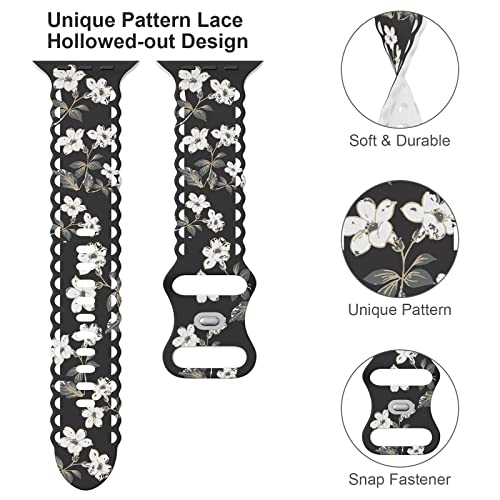 Image of Compatible with Apple Watch Band 41mm 40mm 38mm 49mm 45mm 44mm 42mm Women Girl, Floscule Floral Lace Hollow-out Soft Silicone Sport Bands For iWatch Ultra SE Series 10 9 8 7 6 5 4 3 2, Flos-42