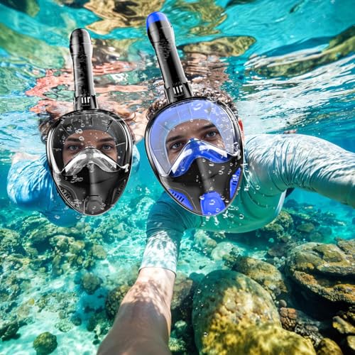Full Face Snorkel Mask for Adults Teen, Snorkeling Gear with Detachable Camera Mount,Panoramic 180° View, Anti-Fog Anti-Leak Snorkling Set for Man and Women (Dark Blue-S/M) - Thumbnail 2