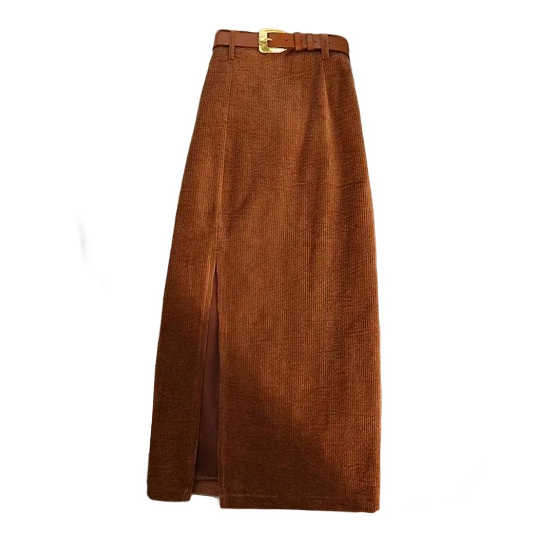 Women Corduroy Skirt with Belt High Waist Straight Front Split Midi Skirt