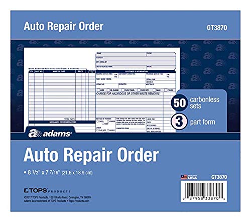 Adams Auto Repair Order Forms, 8.5 x 7.44 Inch, 3-Part, Carbonless, 50-Pack, White and Canary (GT3870) - 3 Pack