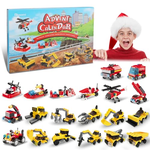 Rosami Adventskalender 2025 Kinder – Weihnachtskalender mit 24 Weihnachtsspielzeuge, Auto-Bausteine & Feuerwehr-Spielzeug, Geschenk für Jungen Mädchen