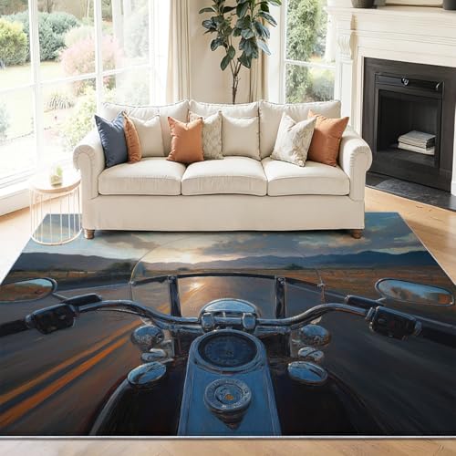 Alfombra Salon 90 x 150 cm Antideslizante Alfombras Lavables en Lavadora Habitacion Dormitorio Impresionismo Motocicletas Carreteras Comedor Modernas Tapete Quarto Pelo Corto Azul