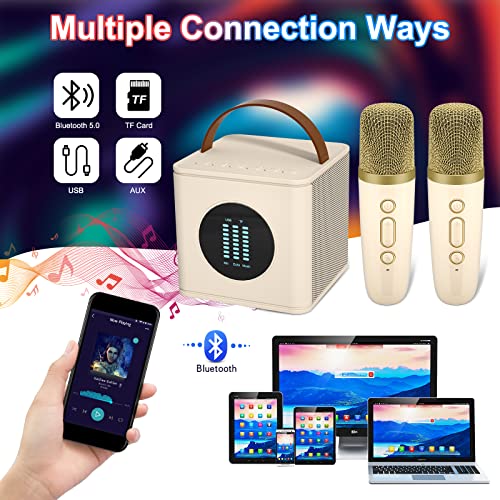 BONAOK Kinder Karaoke Mikrofon Machine, Tragbare LED Kinder Party Mikrofon Lautsprecher, Mikrofon Singen Kinder Erwachsene Heim KTV Karaoke Gerät, Karaoke Machine Mit Led, Kinder Spielzeug(Beige)