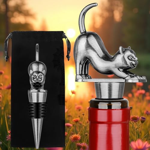 LKKCHER Tapón de Vino de Gato, Regalos Decorativos para Amantes de los Gatos, Mujeres, Hombres, Gatos, Regalos de cumpleaños, Regalos Navidad para Mujeres y Hombres, Plata