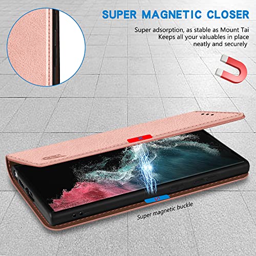 Image of ZZXX for Samsung Galaxy S22 Ultra Wallet Case with [RFID Blocking] Card Slot Stand Strong Magnetic Leather Flip Fold Protective Phone Case for Samsung Galaxy S22 Ultra Case Wallet(Rose Gold-6.8 inch)