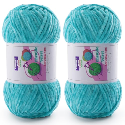 Image of Chenille Velvet Yarn for Crocheting, Blue Fuzzy Fluffy Yarn for Crochet | 2 Pack of 3.5 Oz /131.2 Yds Bulky Thick Chunky Yarn for Crocheting, Soft Amigurumi Yarn for knitting Baby Blankets, Scarves