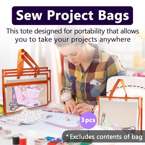 Image of 3 Pcs Portable Project Bags for Quilting Knitting, Stitching and Embroidery Projects Storage, Sew Project Bag with Zipper and Double Pockets, Transparent Mesh Sewing Project Bag for Crafter