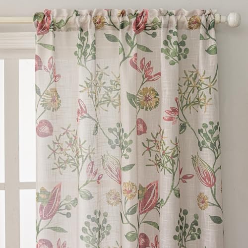 Image of SUOUO Red Jacobean Floral Semi Sheer Curtains 84 Inches 2 Panels Rod Pocket | Linen Textured,Light Filtering,Patterned Green Vine Botanical,Vintage Farmhouse Cottage,Window Drapes for Living Room Bedroom
