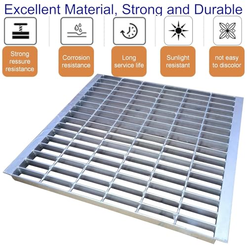 Image of Galvanized Steel Drain Grate with Lip 24x24 in, B-Class 28100 lbs Heavy-Duty Driveway Channel Cover w /Base, Outdoor Trench Drainage Grate, Silver Square Metal Sewer Cover for Garage