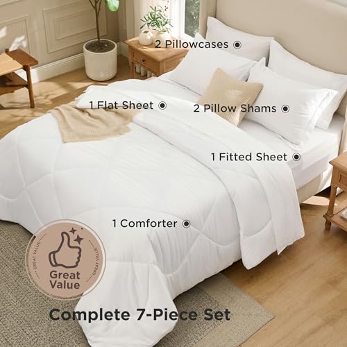 Image of Bedsure 7 Pieces Queen Comforter Set Premium Series, Hotel Luxury Soft Bed in a Bag, Goose Down Alternative, Safe for Sensitive Skin Bedding Comforter All Season Medium Warmth, White Wavy Quilted
