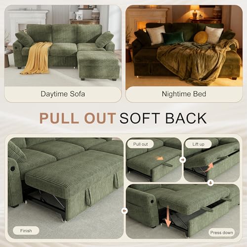 Image of Hanherry 81 inch Sectional Couch with Pull Out Bed,3 Seat Corduroy Sleeper Sofa with Storage Ottoman & USB Charging,Comfy L Shaped Modular Couches for Living Room,Apartment