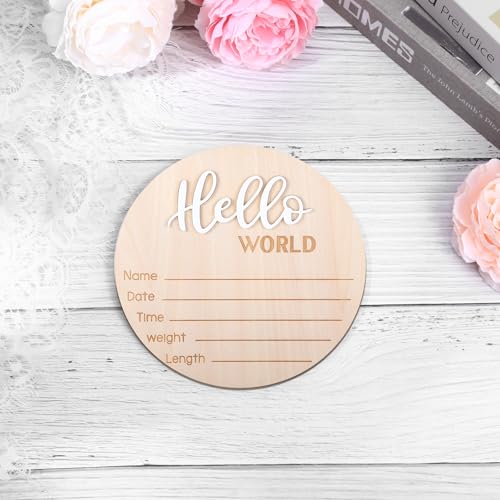 Image of Wooden Baby Announcement Sign, 5.9 Inch Hello World Newborn Sign, Hospital Birth Stat Plaque, Hospitals, Homes, Nurseries, Suitable for Newborn Boys and Girls, Birth Souvenir (White)