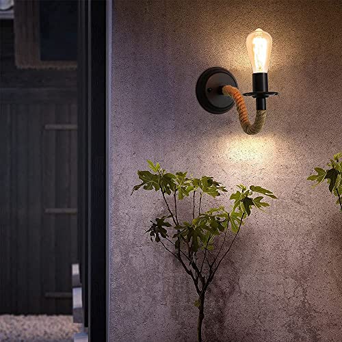 2Packs Applique Murale Vintage, Lampe Murale Corde de Chanvre, E27 Rétro Applique Murale Interieur pour Couloir Loft Chambre Café Bar (sans Ampoule) - Image 6