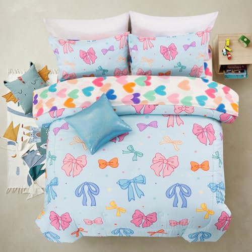 Image of A Nice Night Full Size Bed in A Bag Bow Comforter Set for Kids,Quilt Bedding Set with Bowknot & Chic Polka Dot Pattern,Blue Background Room Decor for Girls