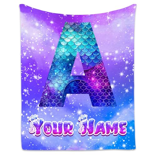 Mermaid Blanket for Girls - Personalized Mermaid Gifts for Kids - Custom Flannel Soft Cozy Blankets with Name - Fuzzy Initial Throw for Sofa, Living Room