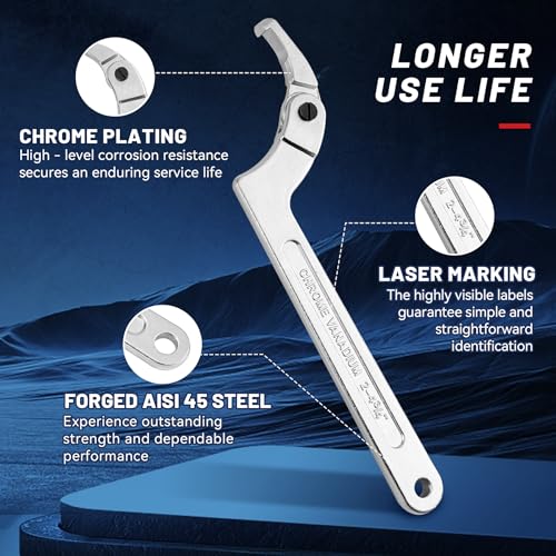 KOOPOOL Adjustable Pin Spanner Wrench Set, 9pcs C Spanner Nut Wrench Tools with Changeable Round Heads, Coilover Hook Wrenches for Suspension System, Bearings, 3/4" to 6-7/10" - Image 5