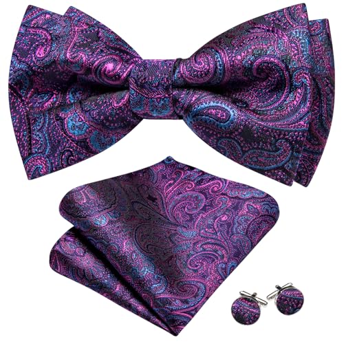 Image of YOHOWA Paisley Striped Men Bow Tie Pre-Tied Formal Adjustable Colorful Bowties Handkerchief Cufflinks Set Wedding Party