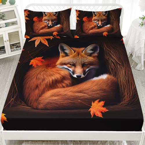 AILONEN Fox Fitted Sheet Set Twin Size, Autumn Maple Leaves Orange Animal Bed Sheet Set,Cartoon Fox Sheets Set for Kids Boys Girls,3 Pieces, 1 Fitted Sheet and 2 Pillowcases