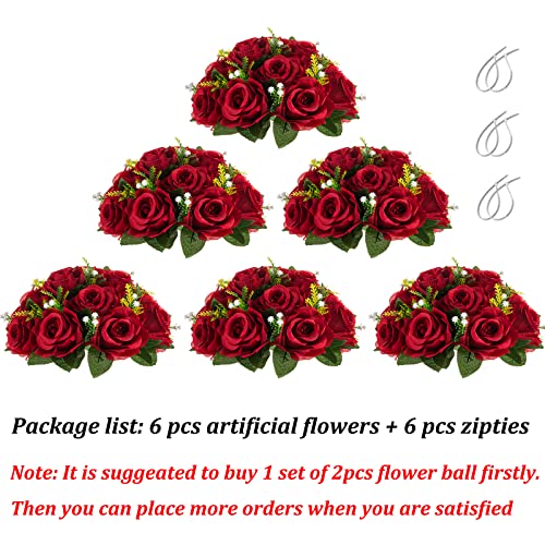 Flower Balls Wedding Rose Centerpieces: 6 Pcs Crimson Fake Flowers Kissing Balls Decor Artificial Floral Arrangements Flower Bouquet Of Roses Home Party Table Diy Decorations #TOP5