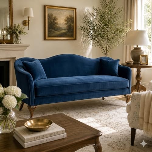 Image of Chaise Lounge Royal Carving Sofa Design Golden Polished and Leatherette Cover (Blue)
