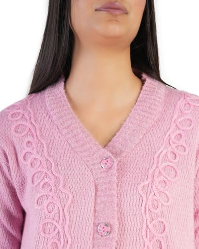 Image of MANRA Women's Woolen V-Neck Buttoned Full Sleeve Cardigan Self Design Soft Wool Fabric Winter Wear Pure Wool Sweater Fully Warm with Front Pockets Stylish Cardigan