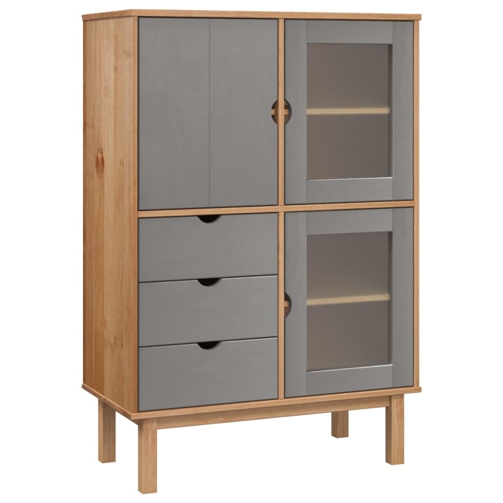 Highboard OTTA brązowy i szary 85 x 43 x 125 cm lite drewno sosnowe Living Room Cabinets szafka barowa szafka bufetowa kuchnia szafka na naczynia do deserów, kuchni, kawiarni, salonu