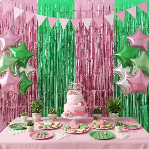 Image of TONIFUL 2Pcs Pink and Green Metallic Tinsel Foil Fringe Curtains Streamers | 3.3ftx6.6ft Photo Booth Backdrop Door Streamer for Birthday Baby Shower Gender Reveal Bridal Shower Spring Summer Party Decor
