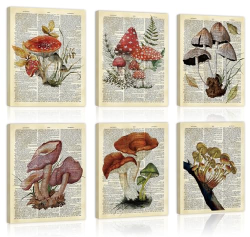 Image of CHDITB Vintage Mushroom Canvas Wall Art, Antique Dictionary Page Fungi Print, Botanical Mushroom Wall Decor, Retro Mycology Framed Poster, Nature Inspired Artwork For Kitchen Living Room Decor 12 inchX16 inch