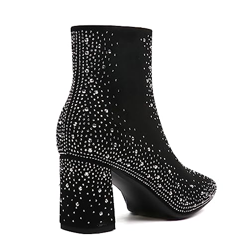 Elbslutt Women's Glitter Sparkly Booties Chunky Heels Ankle Boots Back Zipper Block Heeled Short Sequin Boots Wedding Bridal Party Dress Shoes3