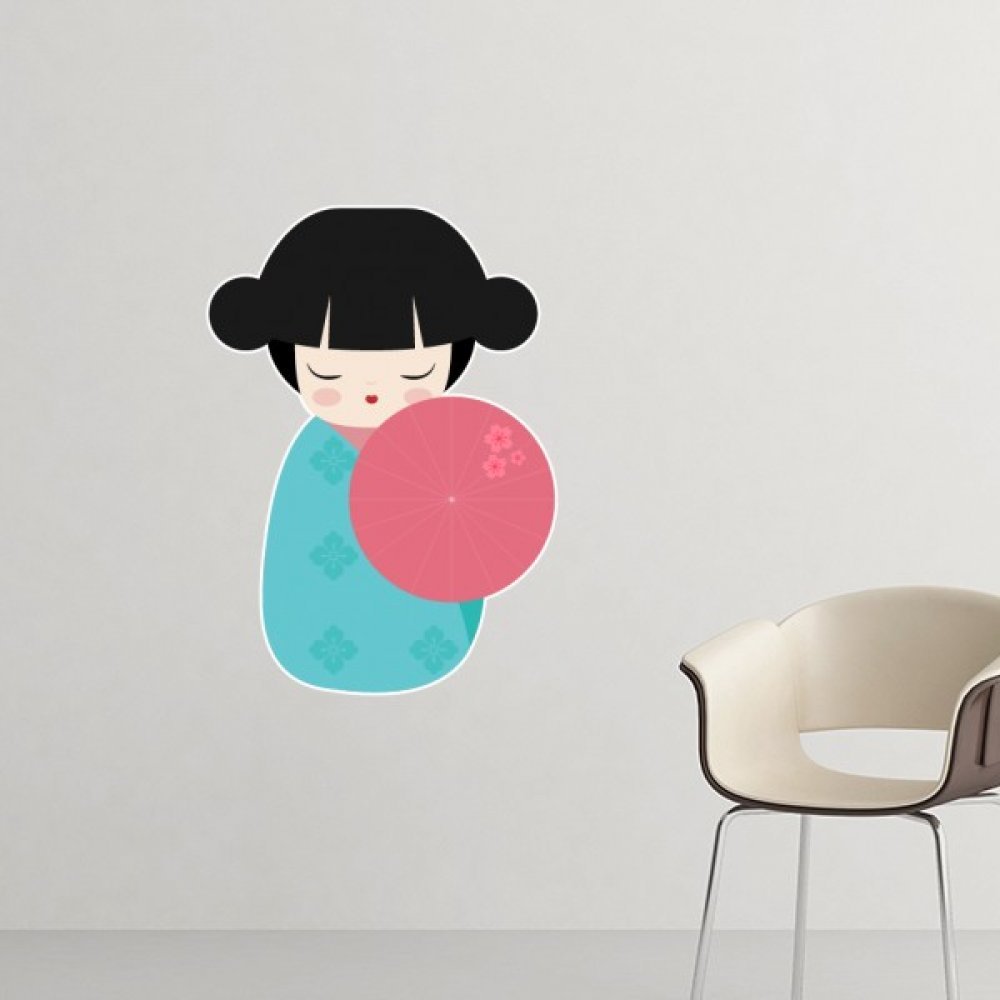 Sticker mural fille en kimono bleu de 40cm pour déco chambre nippone