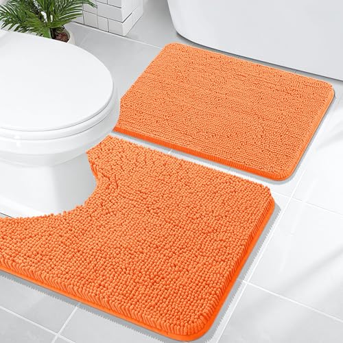 Image of OLANLY Bathroom Rugs Sets 2 Piece, Soft Absorbent Chenille Bath Mats and U-Shaped Contour Toilet Mat Area Rug Set, Machine Washable Bath Carpet, Home Decor Accessories(24 inchx16 inch+24 inchx20 inch, Orange)