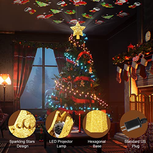 Christmas Tree Topper, Goreit Lighted Christmas Tree Star Toppers With Led Rotating Projector Lights, 9.45”Gold Glittered Christmas Topper, Christmas Decorations For New Year Party Holiday #TOP2