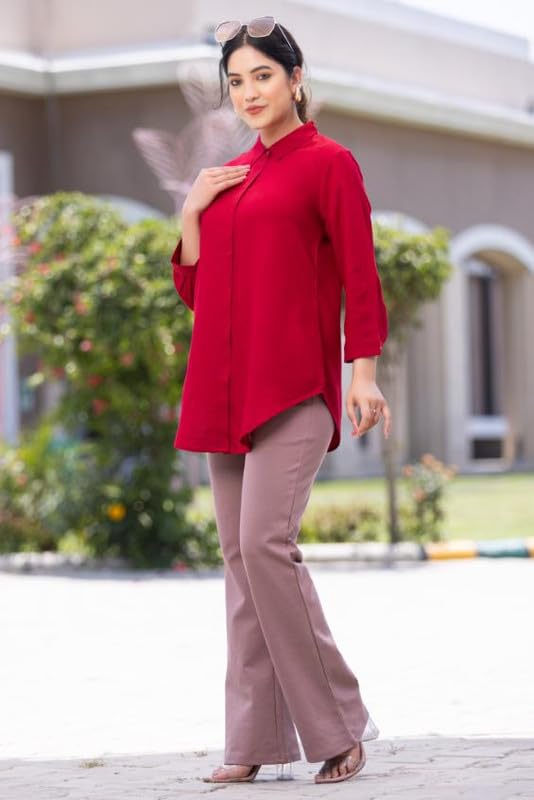 Image of Mlada Hemline Solid Shirts for Women | 3 /4 Sleeves Classic Rayon Shirt for Office Wear | Collared Neck Shirt for Girls | Regular Fit Shirts | Smart Formal Button Down Shirt for Women