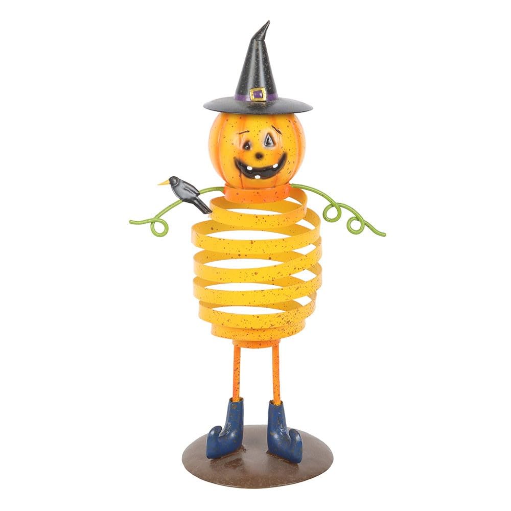 Orange Springy Pumpkin Man Ornament | Halloween Metal Decoration | Autumn Display with Witch Hat & Quirky Design