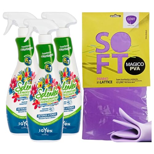 SET PULIZIA: 3x Detergente Multiuso Spray, Il Profumatore Igienizzante Superconcentrato, FRESCHEZZA DI MONTAGNA, Rimuove Germi e Batteri, 48h Di Pulito Profumato 750ml + Panno In Lattice SOFT 30x30
