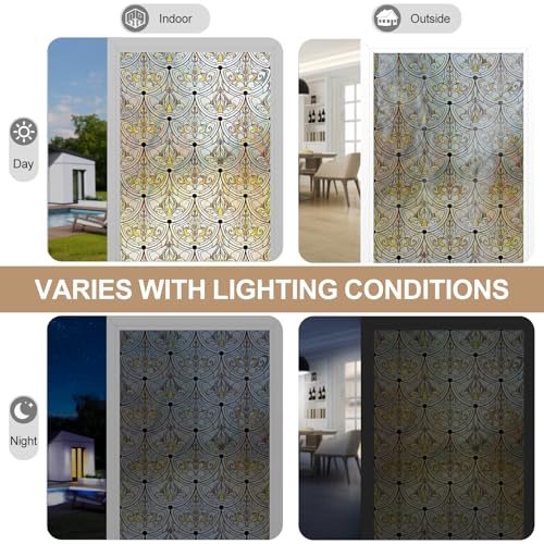 3D Stained Glass Window Film, Decorative Window Privacy Film for Bathroom,Front Door,Home, Sun Blocking Heat Control,Static Cling, Removable Non-Adhesive Golden Ironwork 23.6inch x 35.4inch