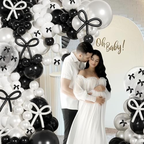 Image of Black and White Balloon Arch Kit, JOGAMS 199Pcs Bow Balloon Arch Kit with 260 Clear Pearl White Balloons Ribbon Bow for Coquette Bow Theme Birthday Bachelorette Baby Shower Bridal Shower Wedding