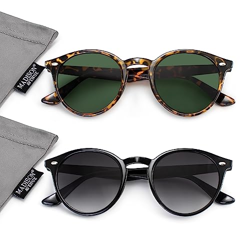 Madison Avenue 2 Pack Retro Round Sunglasses for Women Men UV Protection, Vintage Classic Womens Mens Sun Glasses Sun Shades