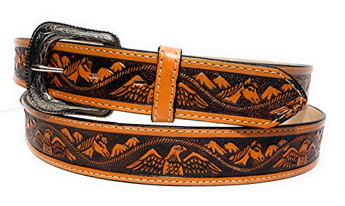 Mens Western Eagle Horse Embossed Tooled Leather Belt (34, Tan)