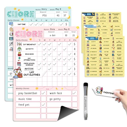 Magnetic Kids Chore Chart for 2 Kids Blue & Pink, Dry...