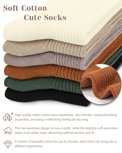 Image of YSense Women's Cotton Crew Socks 6 Pairs, Long Cute Aesthetic Neutral Athletic Boot Socks for Women Stocking Stuffers Gifts