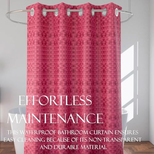 Image of Kuber Industries 7 Ft Waterproof Check Eyelet Shower Curtains for Bathroom | Washroom Partition Screen & Wall Divider Parda for Bath | Pink