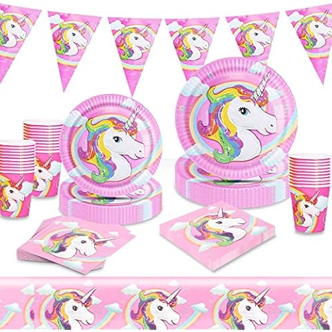 102 Stück Einhorn Kinder Geburtstags Besteck-Set für 25 Gäste, Fantasievolles Einhorn Partygeschirr Set Enthält Teller,Becher,Servietten,Tischdecke und Banner für Kinder Mädchen Geburtstagsfeier Cover