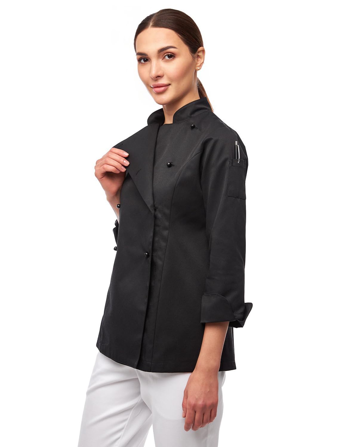 strongAnt Damen Kochjacke Langarm inkl. Kugelknöpfe aus easyClean Baumwolle. Kochuniform, Bäckerjacke -. Farbe: Schwarz