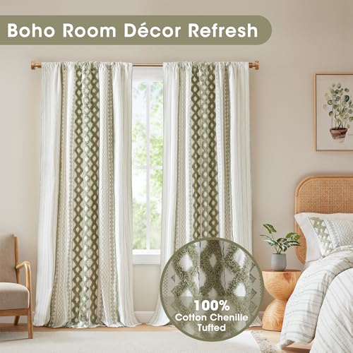 Image of Ink+Ivy Imani 100% Cotton Single Panel Curtain Tufted Chenille Stripe Geometric Print Mid-Century Look Rod Pocket Top Drape for Living Room, Privacy Window Treatment for Bedroom, 50 inch W x 95 inch L, Green